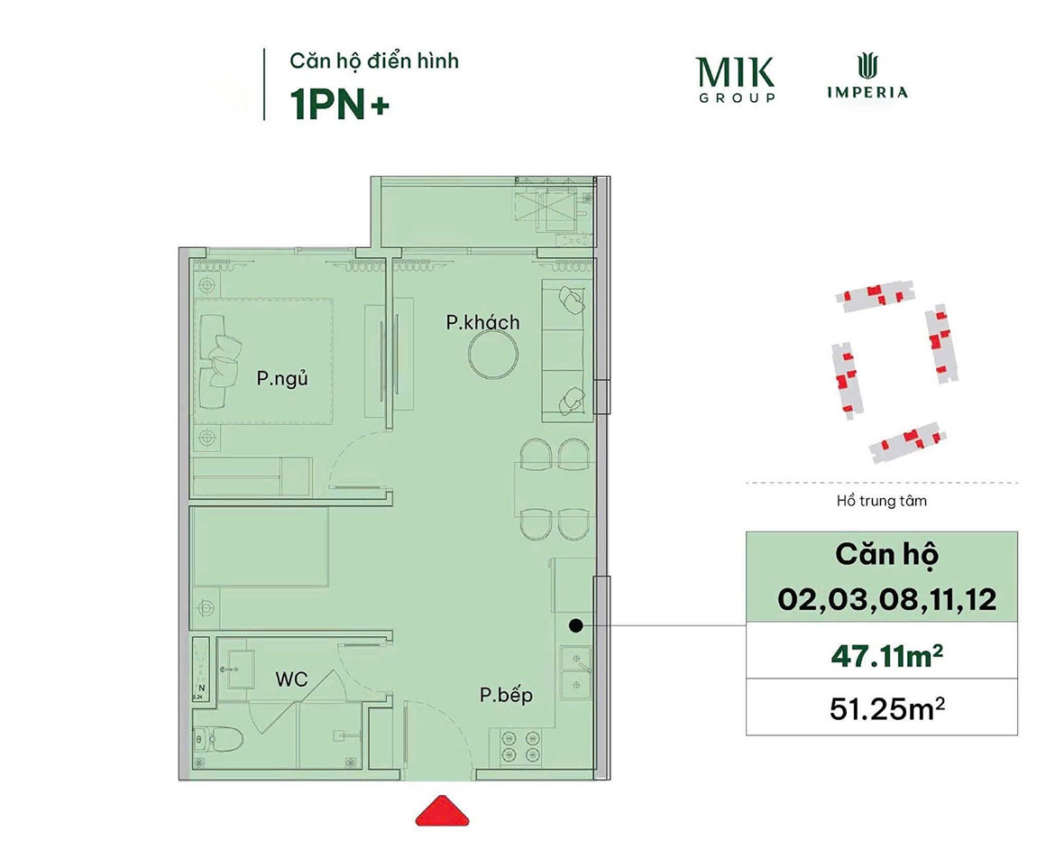 Layout thiết kế căn hộ 1 phòng ngủ + The Harbor Skyline Vũ Yên