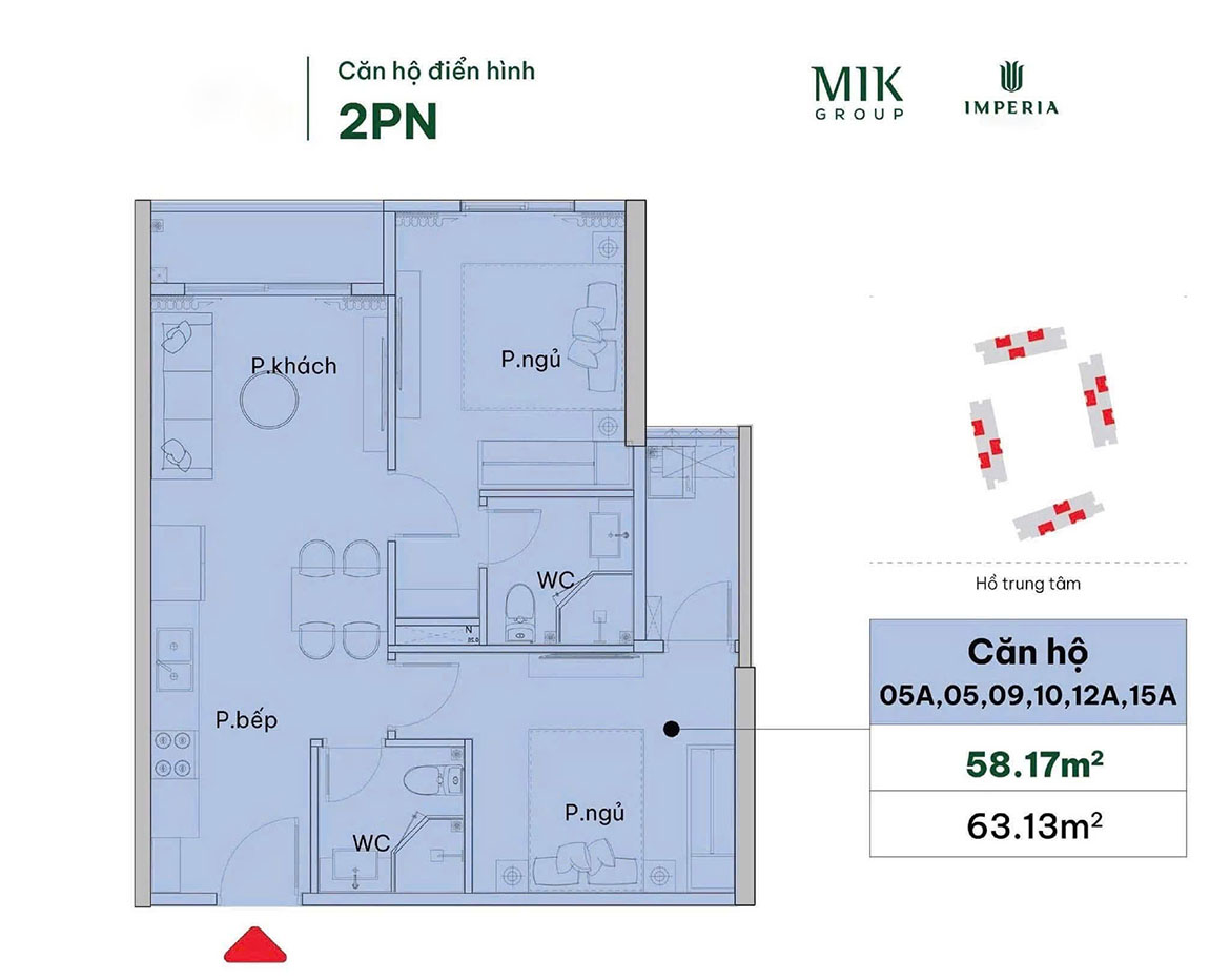 Layout thiết kế căn hộ 2 phòng ngủ The Harbor Skyline Vũ Yên