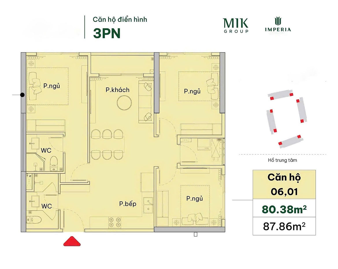 Layout thiết kế căn hộ 3 phòng ngủ The Harbor Skyline Vũ Yên